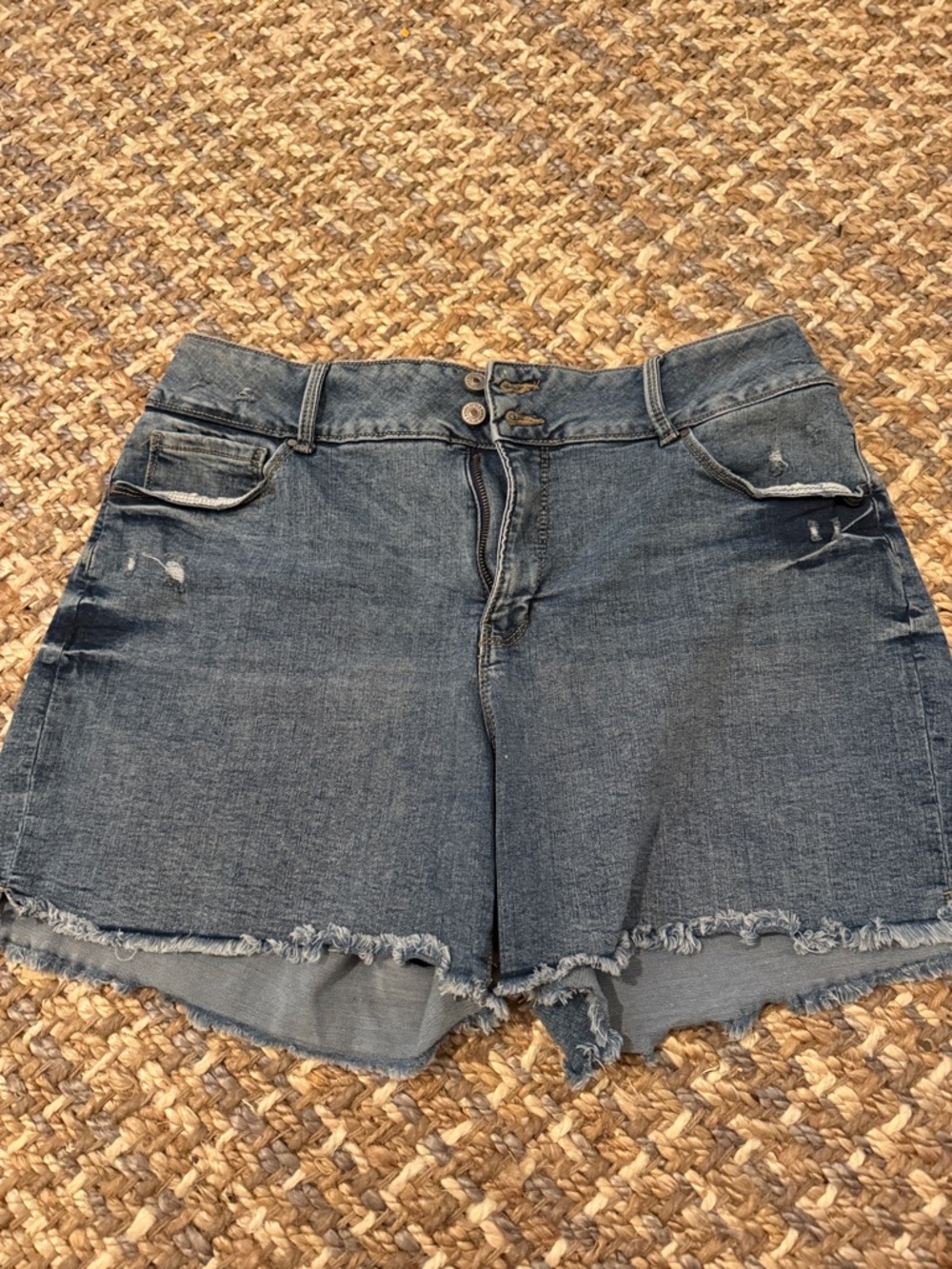 High-Rise Frayed Hem Denim Shorts - Blue